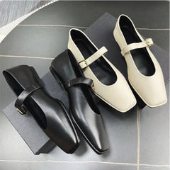 Futurecen Mary Jane Shoes Female Genuine Leather 2024 New Snap Ballet Shoes Women Square Toe Flat Sheepskin Ladies Shoes