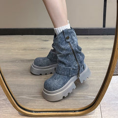 Futurecen Chunky Women Blue Denim Short Boots Fashion Slip On Ankle Booties Autumn Winter Female Platform Heel Shoes