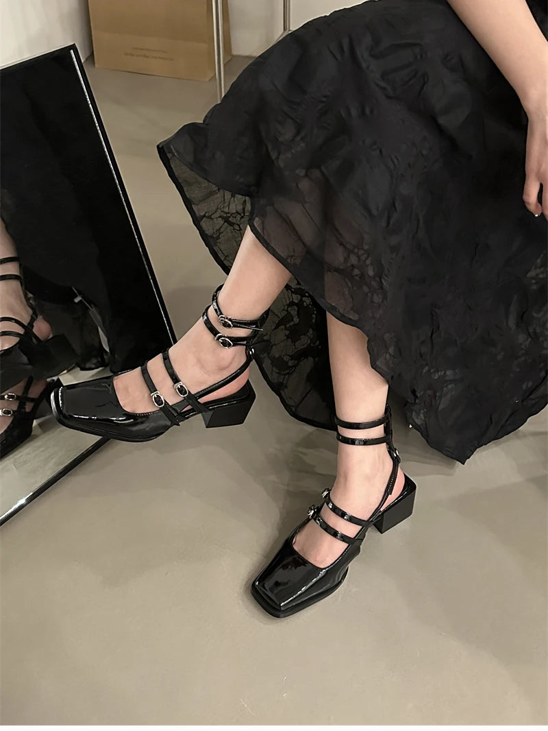 Futurecen 2024 Summer Design Women Sandal Fashion Narrow Band Dress Square Heel Shoes Ladies Outdoor Patent Leather Mary Jane Shoes