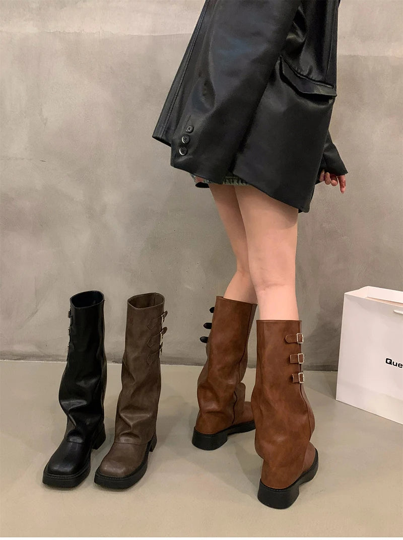 Futurecen 2024 Winter Cowboy Boots For Women Fashion Belt Buckle Long Boots Female Elegant Square Heel Women's Knight