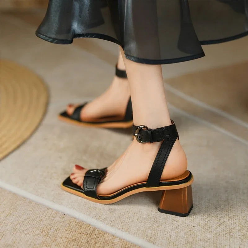 Futurecen  -  NEW Summer Women Shoes Square Toe Chunky Heel Women Sandals Cow Leather High Heels Solid Band Shoes Casual Black Shoes for Women