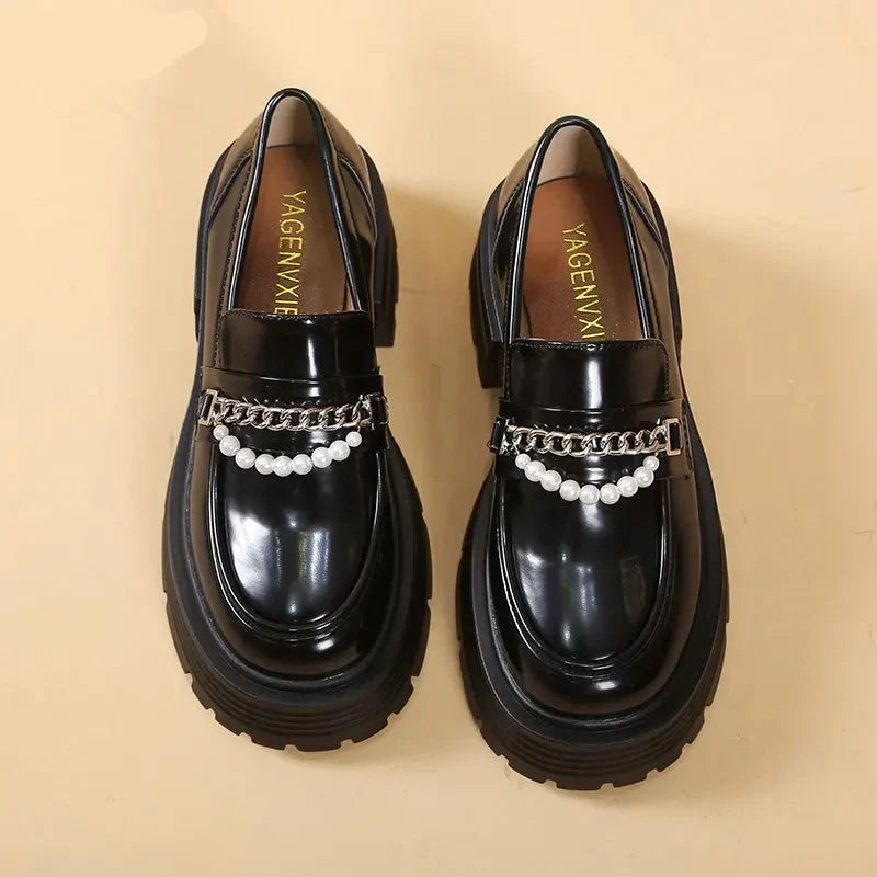 Futurecen Platform Loafers Female Shoes Women Fashion Mary Janes Round Toe Loafers Oxfords Platform Casual chain Ladies Heels Mary Janes