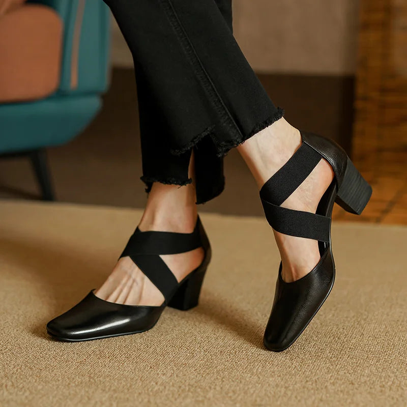 Futurecen Cross-Tied Woman Sandals Lady Spring Autumn Retro Pumps Thick Heel 6.5 CM Round Toe Women Pumps French Style Cowhide Summer Shoes