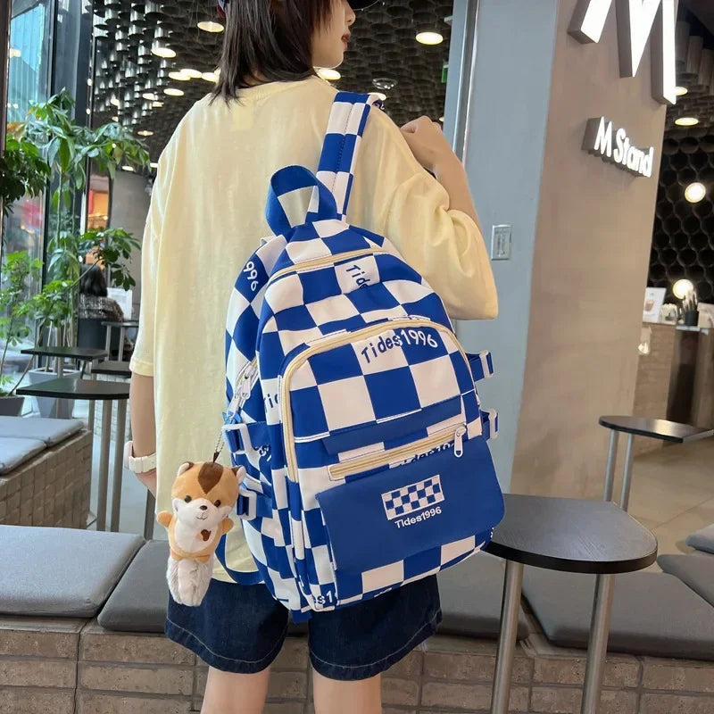 Futurecen Casual Backpack for Students Checkerboard Plaid Schoolbag for Female Junior High School Large-capacity Design Multi-pocket