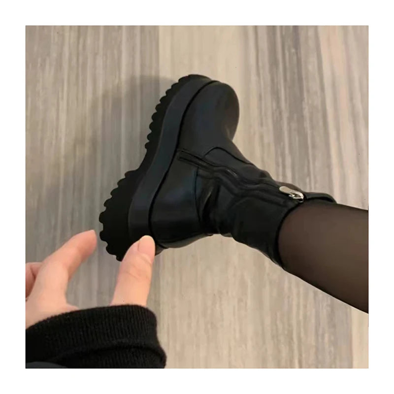 Futurecen 2024 New Winter Punk Style Women Ankle Boots Fashion Thick Sole Zippers Gothic Short Boot Ladies Elegant Platform Flats Shoes