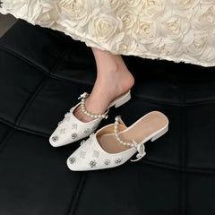 Futurecen  -  Sweet New Flat Muller Shoes Lazy Half Slippers Handmade Pearl Flower Decorative Women's Shoes