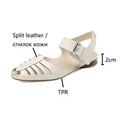 Futurecen  -  Split Leather Women Sandals Peep Toe Low Heel Women Shoes Summer Shoes for Women New Hollow Giadiator Shoes Sandalias mujer