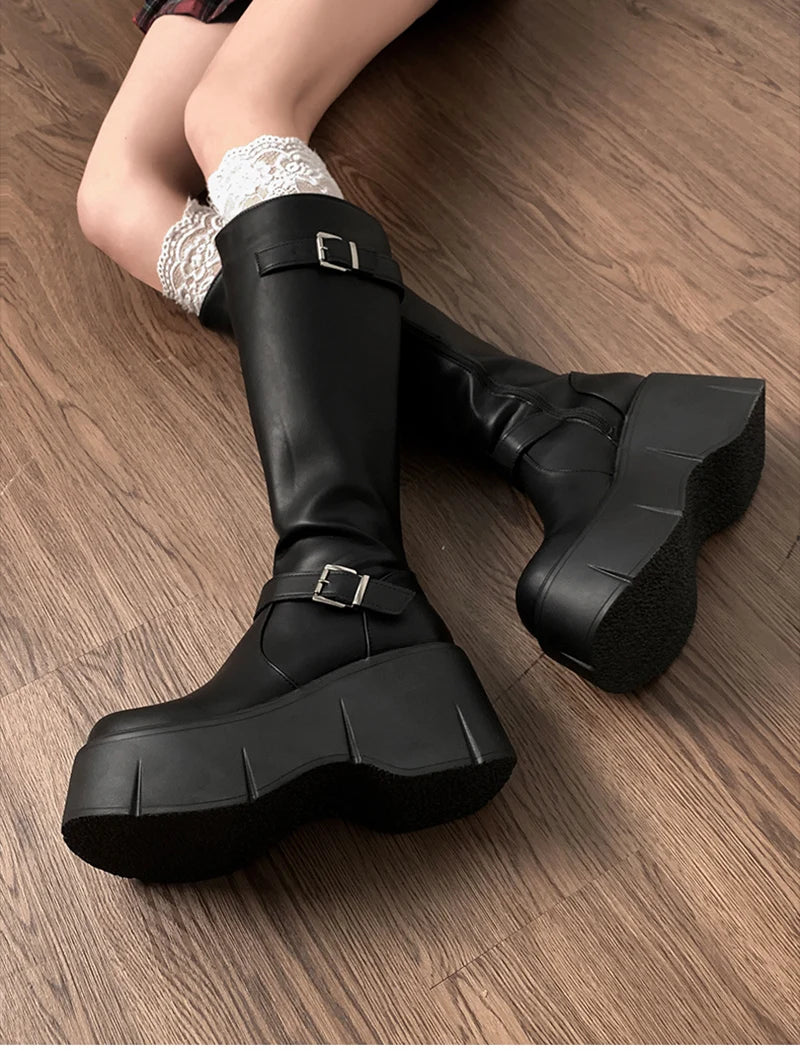 Futurecen Platform Wedges Heel Women Knee High Boots Fashion Belt Buckle Slip On Long Booties Autumn Winter Female Shoes