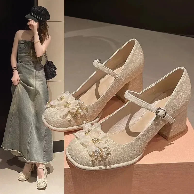 Futurecen  -  Pearl Flower New Thick Sole Mary Jane Shoes Female Platform High Heels Sweet Dress Thick Heel Party Women's Shoes Sandals