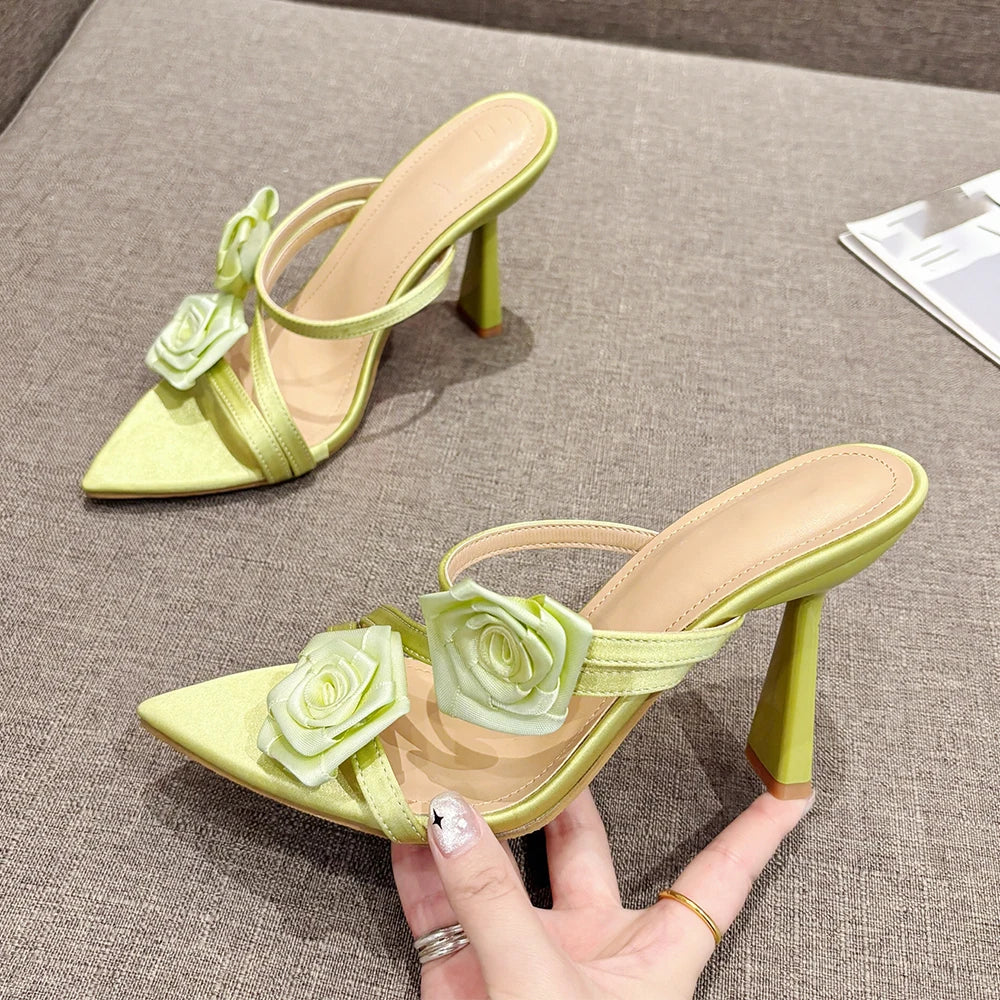 Futurecen 2024 Summer New Fashion Pointed Flower Sexy Sandals Stiletto High Heels Sexy Runway Slippers Women Elegant Banquet Shoes