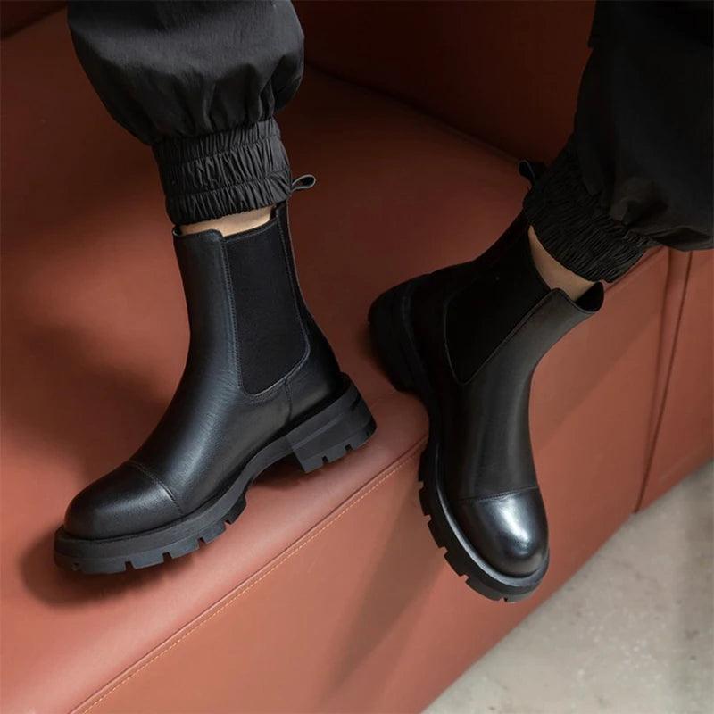 Futurecen  -  Sales Fall/Winter Shoes Women Leather Ankle Boots Women Round Toe Thick Heel Shoes Solid Chelsea Boots Casual Women Boots