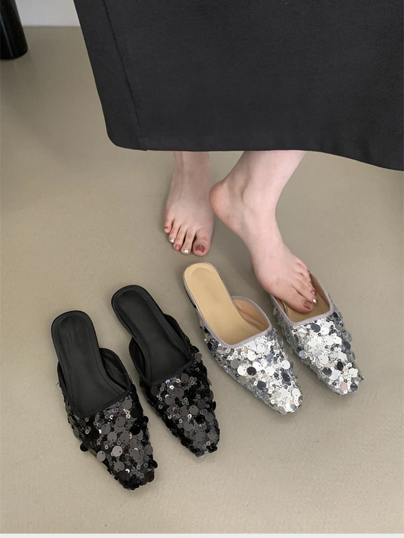 2024 Summer Woman Mules Slippers Fashion Sequin Slip On Flats Heel Slides Shoes Ladies Outdoor Street Style Sandalias