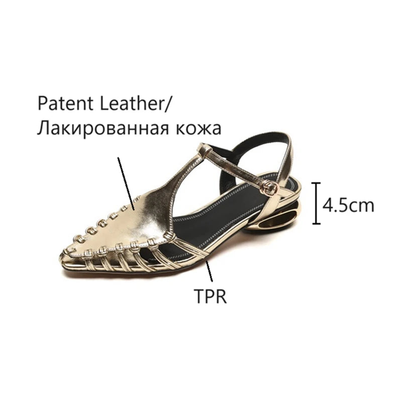 Futurecen  -  NEW Summer Women Sandals Patent Leather Shoes for Women Woven Hollow Roman Sandals Pointed Toe Chunky Heel Gold Designer Sandals