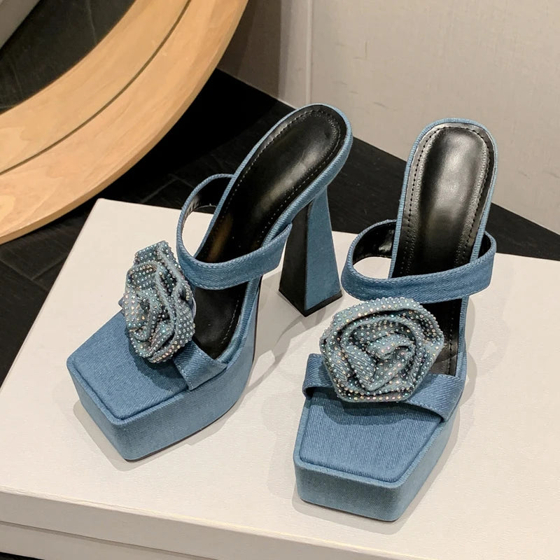 Futurecen 2024 New Denim CRYSTAL Flower Women Slippers Slides Summer Design Fashion Peep Toe Square Heels Gladiator Sandals Shoes