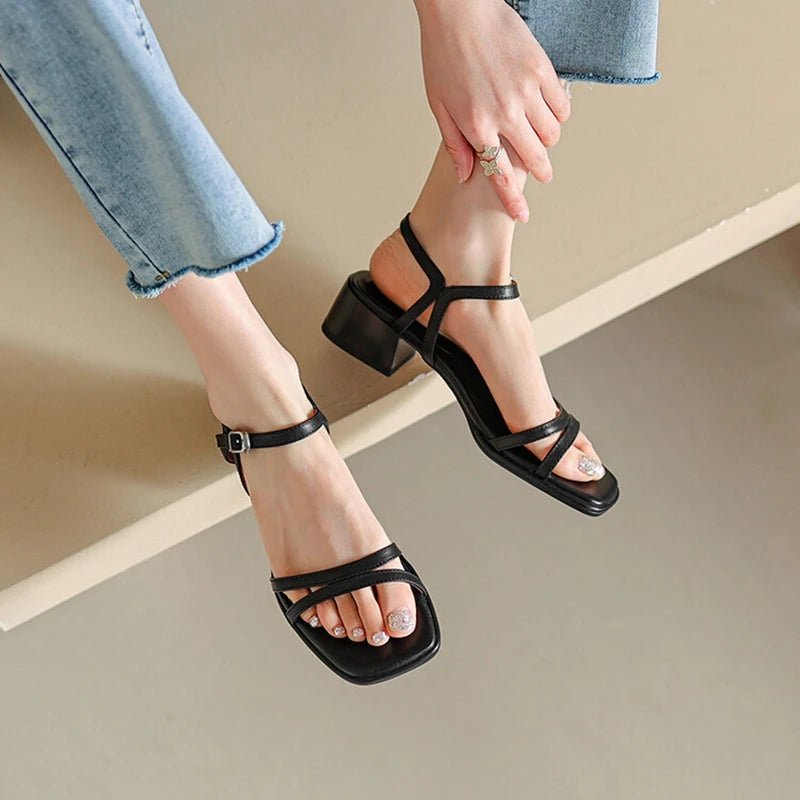 Futurecen  - Summer Women Sandals Cow Leather Shoes Women Open Toe Chunky Heel Sandals High Heel Shoes for Women Concise Women Sandals