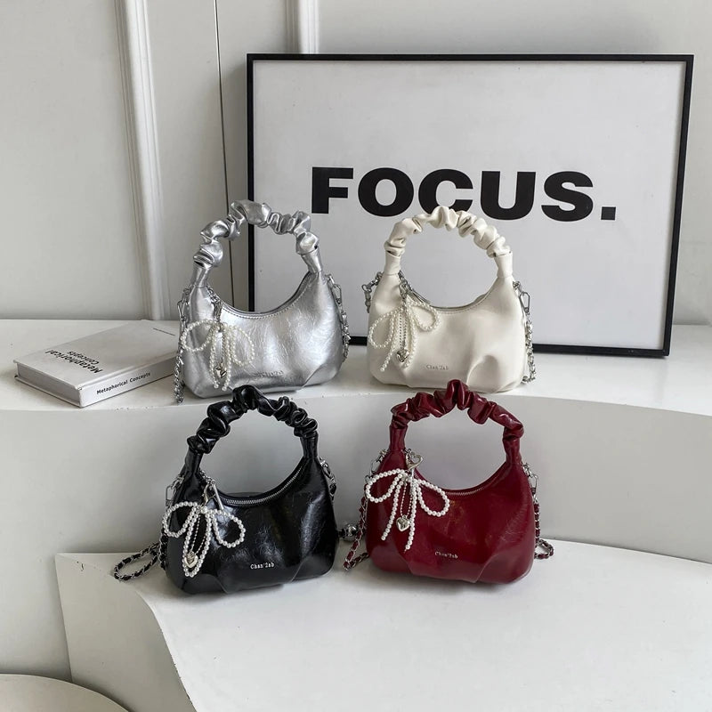 Futurecen  -  Y2K New Underarm Bags for Women Pleated Handle Design Ladies Pearl Bow Handbag Adjustable Strap Shoulder Crossbody Bag