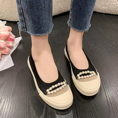 Futurecen  -  Summer Pearl Beading Flat Shoes Women Round Toe Air-mesh Loafers Platform Shoes Woman Stretch Fabric Shallow Female Casual Shoes