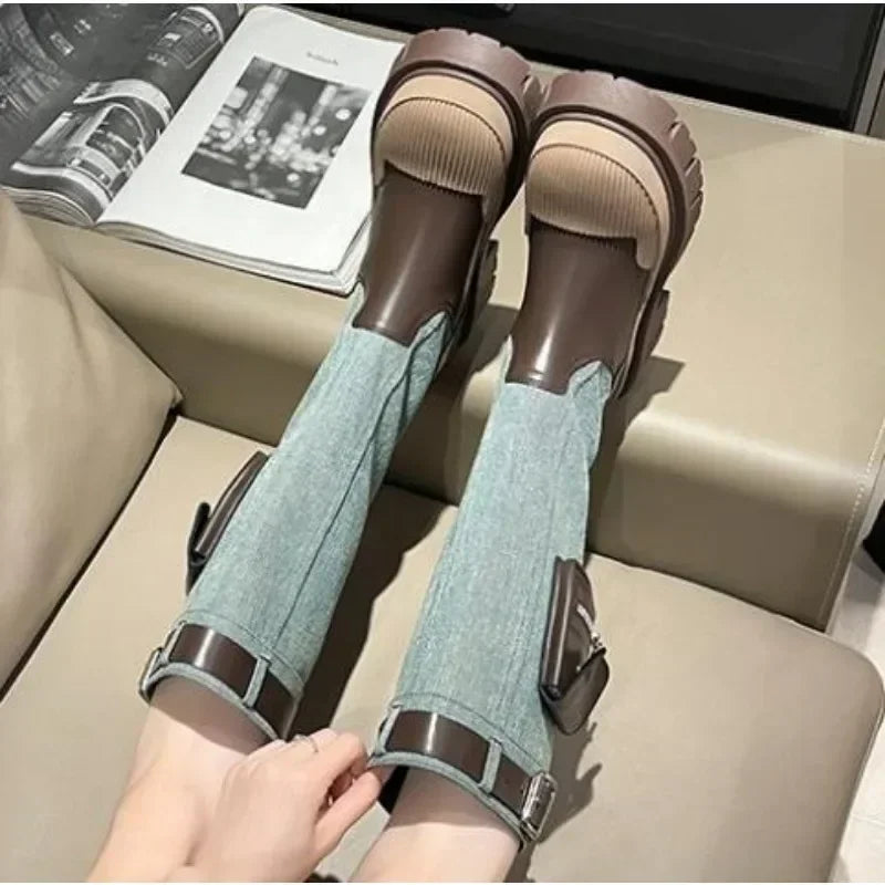 Futurecen  -  Retro Thick Heels Cargo Boots Female Belt Buckle Long Boots Woman Pocket Decor Knight Shoes Women Denim Boots Autumn Winter