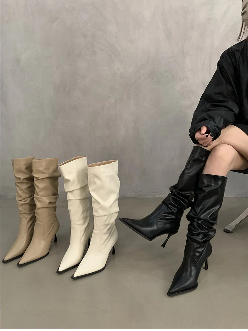 Futurecen Fashion Style Women Knee-High-Boots Sexy Pointed Toe Long Booties Shoes Strippers Party High Heel Shoes