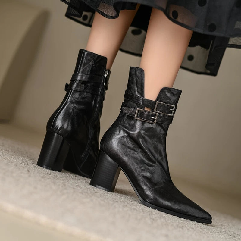 Futurecen  - NEW Autumn Women Boots Pointed Toe Chunky Heel Boots Split Leather Shoes for Women Short Modern Boots Winter Belt Buckle Boots