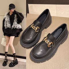 Female Shoes Women Fashion Mary Janes Round Toe Flats Loafers Oxfords Platform Casual Metal Chain Buckle Ladies Heels Black