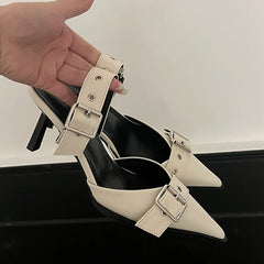 Punk Goth Metal Buckle High Heels Sandals Women Summer Pointed Toe Silver Party Shoes Woman Korean Style Thin Heels Sandals