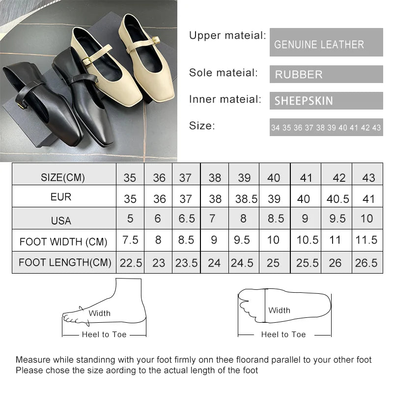 Futurecen Mary Jane Shoes Female Genuine Leather 2024 New Snap Ballet Shoes Women Square Toe Flat Sheepskin Ladies Shoes