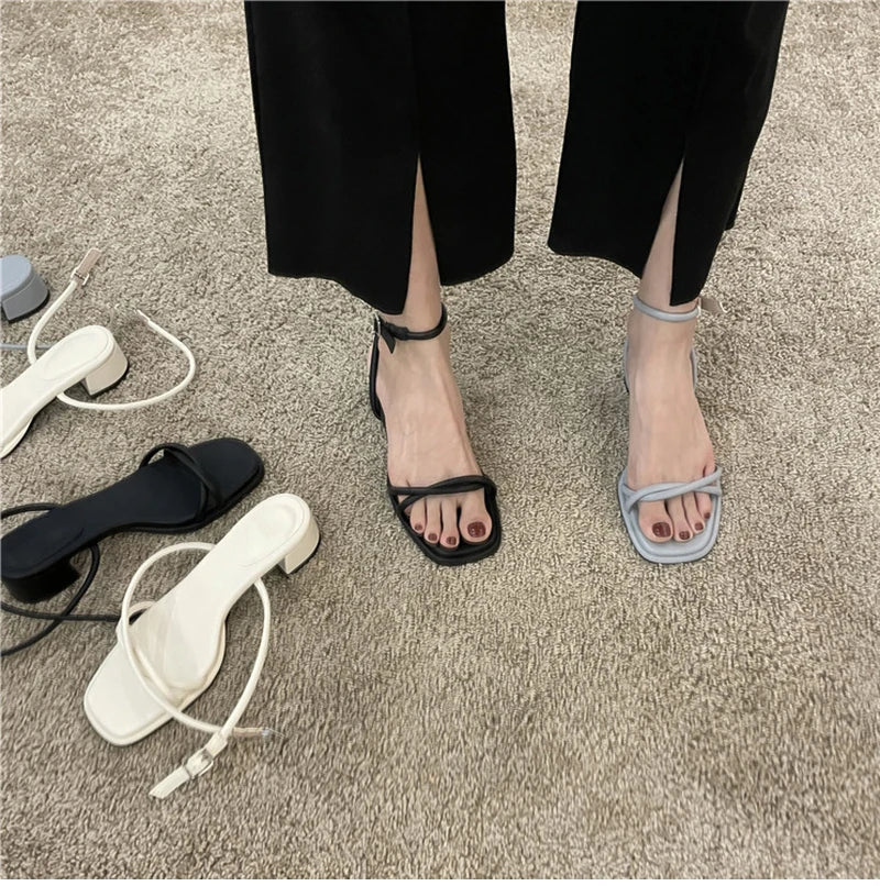 Futurecen 2024 Summer New Narrow Band Women Sandal Shoes Fashion Thick Heel Ladies Elegant Open Toe Sandal Ankle Strap Dress Pumps