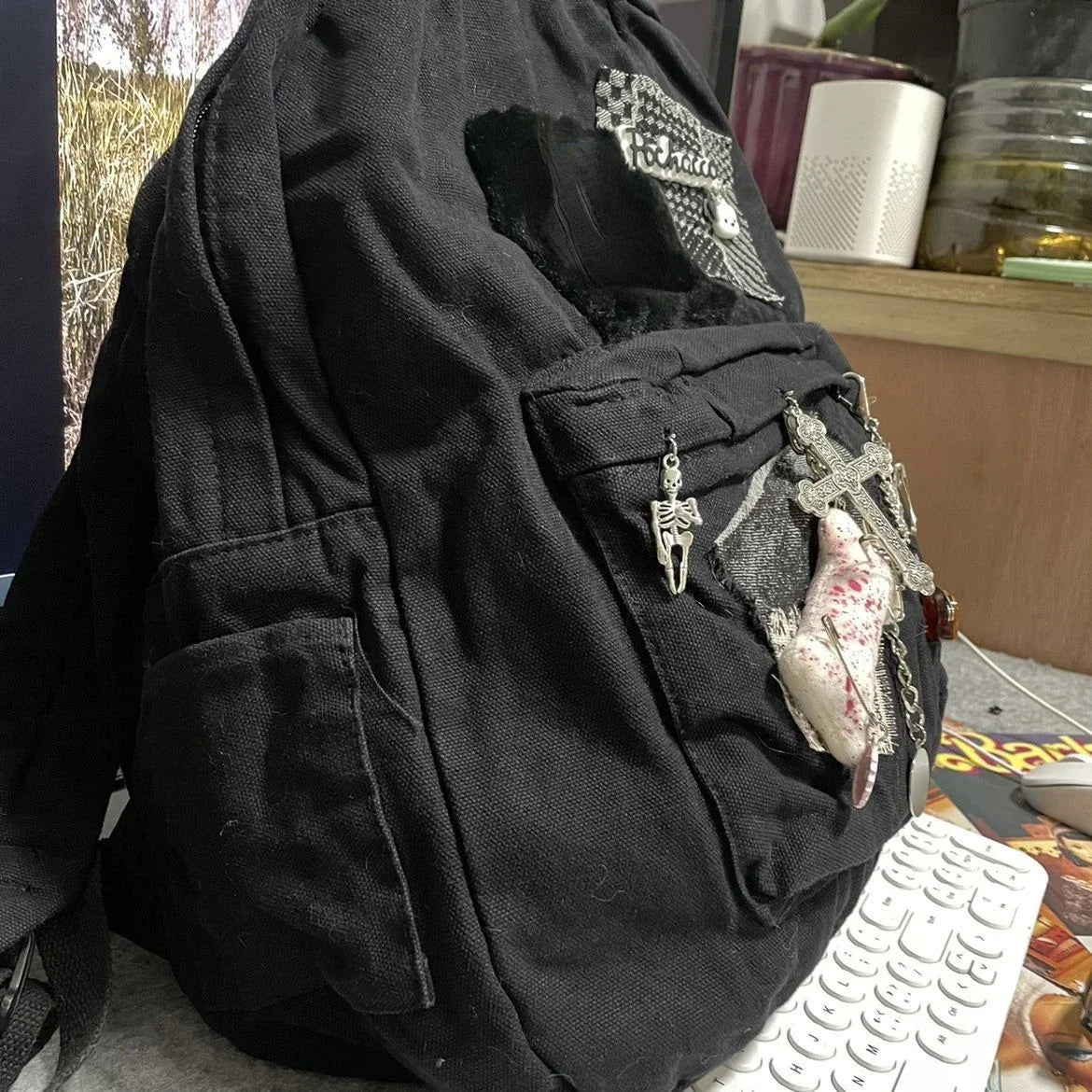 Futurecen  -  New High-capacity Cross Bone Aesthetic All Match Student School Backpack Korean Fashion Denim Black Irregular Cute Backpack