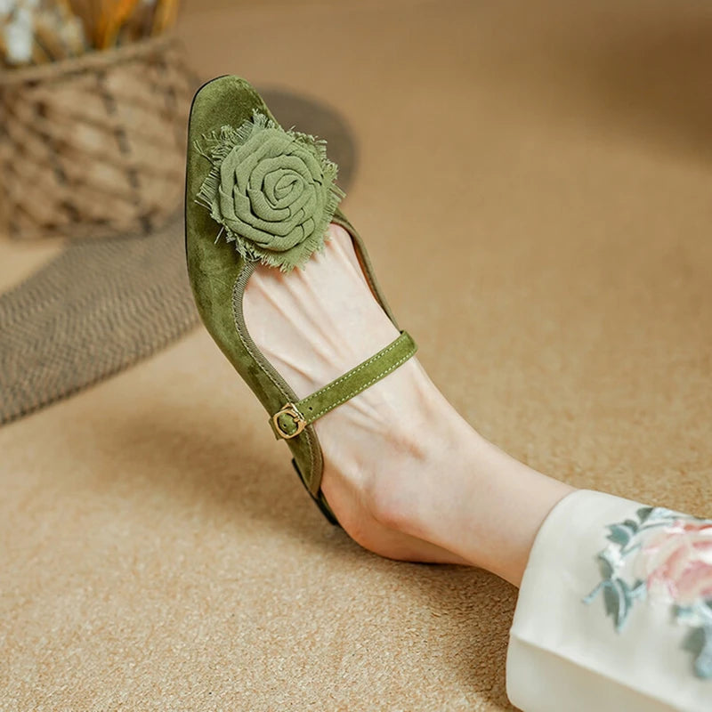 Futurecen  -  NEW Summer Women Mules Sheep Suede Leather Shoes for Women Square Toe Low Heel Slippers Cover Toe Slingback Flower Green Sandals