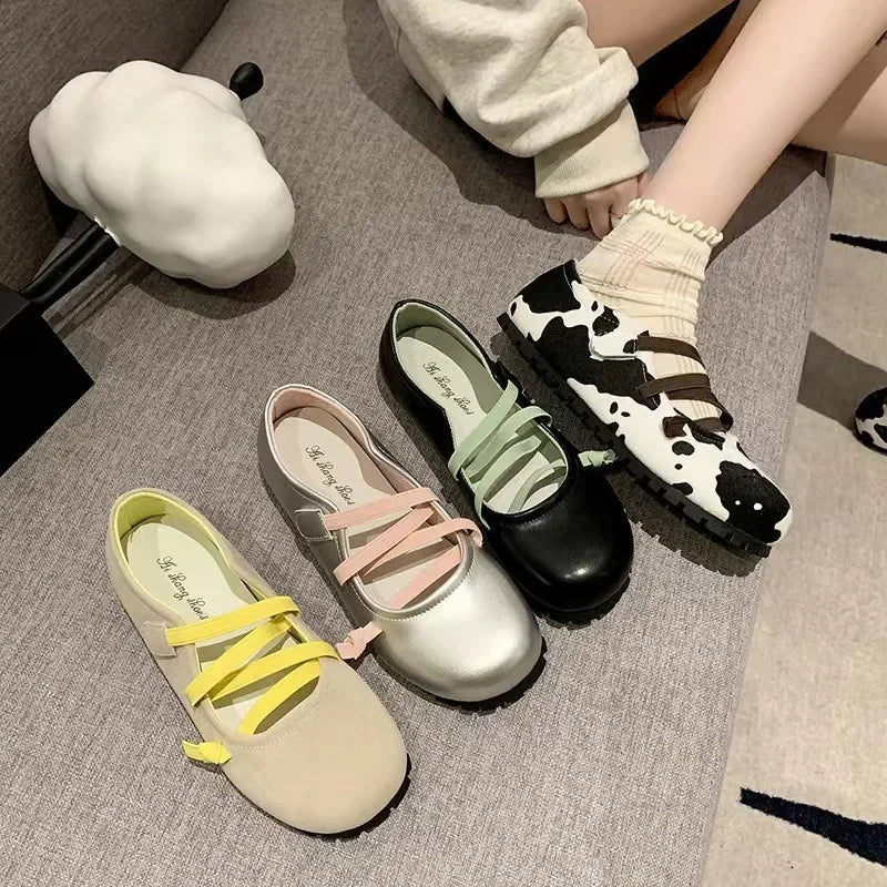 Futurecen  -  New Cow Pattern Round Toe Ballet Flats Woman Brand Design Slip-on Shallow Loafers Ladies Soft Cross Elastic Band Ballerina Shoes