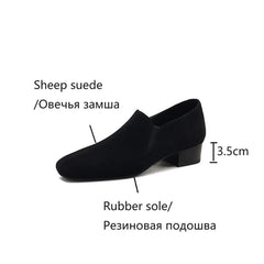 Futurecen  -  NEW Spring/Autumn Women Loafers Sheep Suede Leather Shoes for Women Square Toe Chunky Heel Soft Shoes Black Elegant Women Pumps