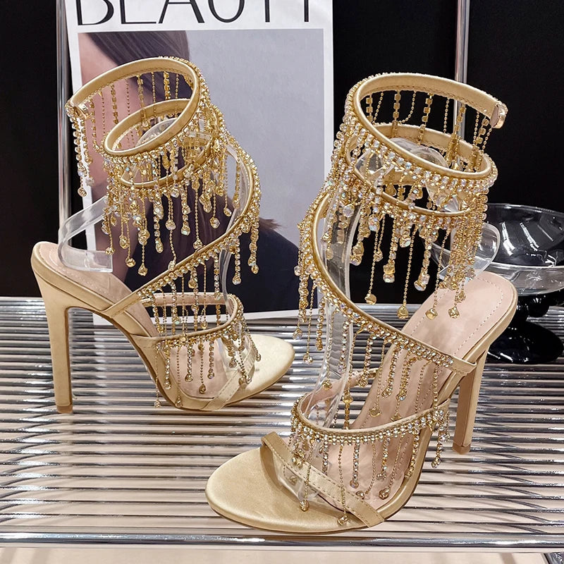 Futurecen Golden Shoes Fashion Rhinestones Peep Toe Ladies High Heels Crystal Shoes Gladiator Sandals Women Thin Heels Female Footwear