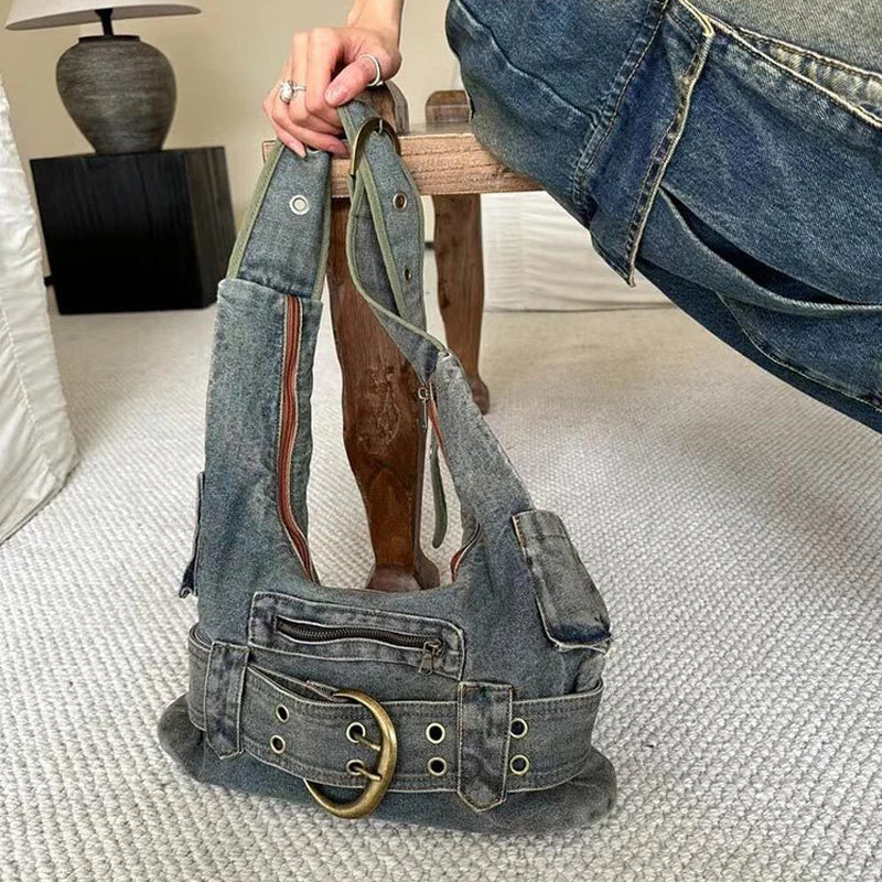 Futurecen  -  fancy bags Trendy Women Vintage Denim Punk Shoulder Bag Y2k Streetwear Grunge Handbag Cool Girls Retro Gothic Casual Underarm Bags