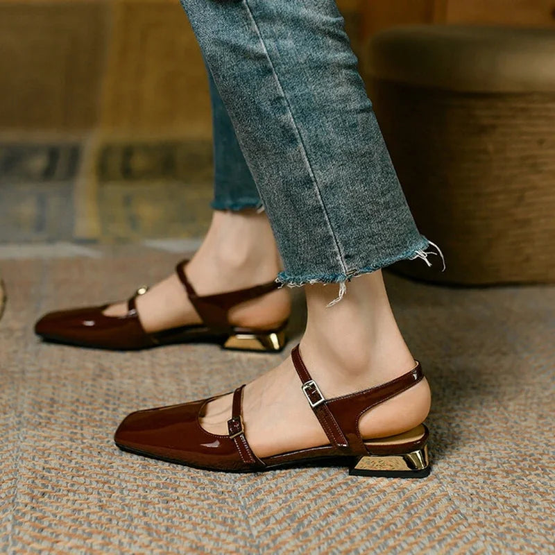 Futurecen  -  NEW Summer Women Sandals Square Toe Low Heel Shoes Patent Leather Shoes for Woemn Cover Toe Slingback Shoes Designer Sandals