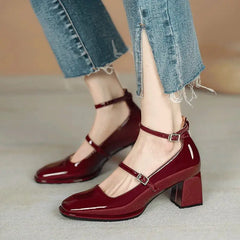 Futurecen Red Mary Jane Shoes Heels Women's Shoes Mary Jane 2024 Spring Summer New Thick-heeled High-heeled Retro Square Toe Pumps