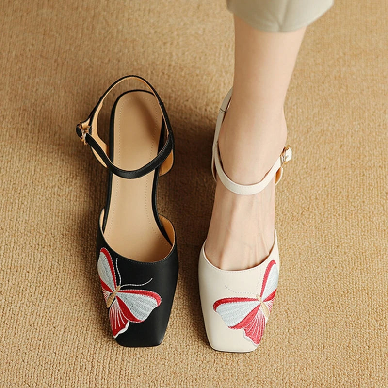 Futurecen NEW Summer Women Sandals Split Leather Shoes for Women Square Toe Chunky Heel Shoes Cover Toe Slingback Sandals Embroider Shoes