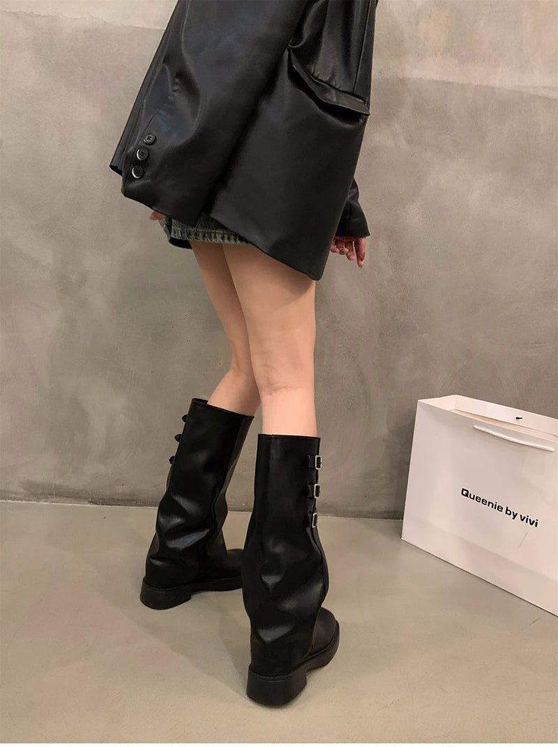 Futurecen 2024 Winter Cowboy Boots For Women Fashion Belt Buckle Long Boots Female Elegant Square Heel Women's Knight