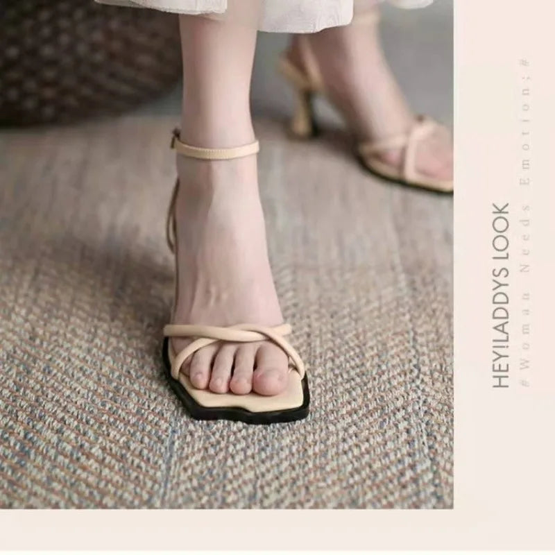 Futurecen  -  Spring New Brand Woman Sandals Fashion Ladies High Heels Elegant Med Heel Open Toe Buckle Sandal Women Mules