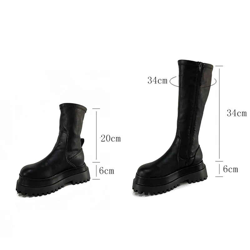 Futurecen 2024 Winter Chunky Platform Heels Long Boots Round Toe Zipper Thick Sole Ladies Fashion Winter Women's Knee High Boots