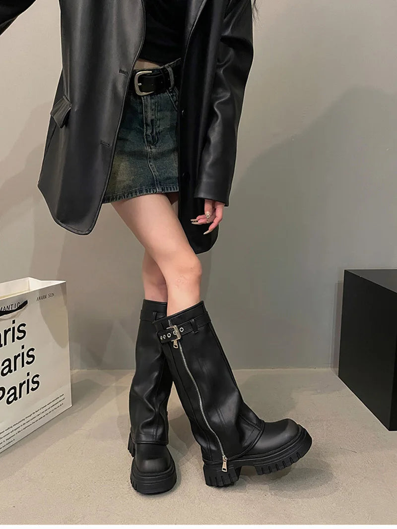 Futurecen Winter Women Biker Boots Fashion Belt Buckle Ladies Elegant Platform Long Pipe Booties Casual Women's Knee High Booties