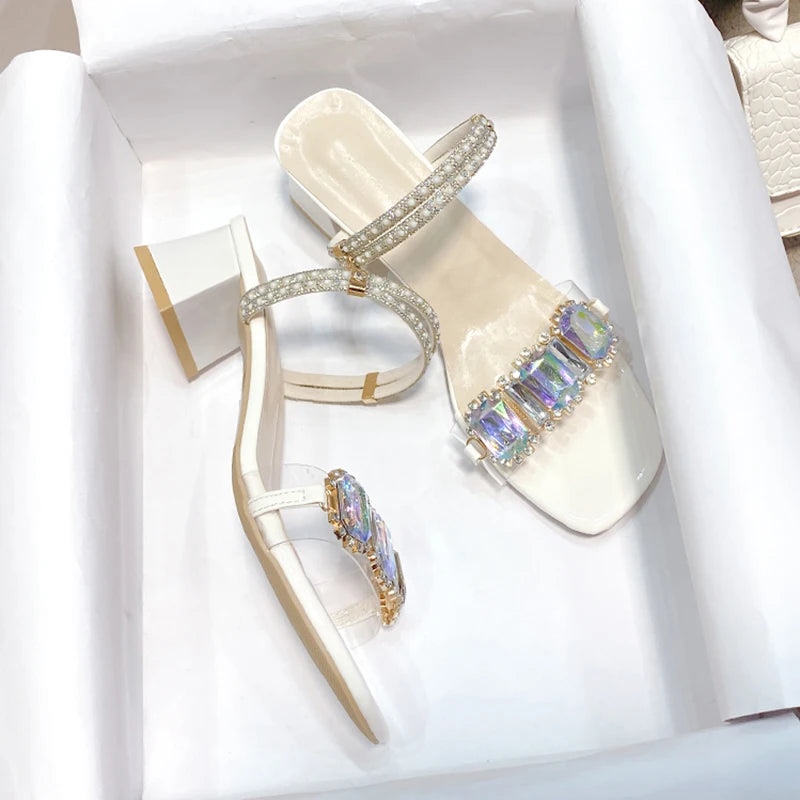 Futurecen  Fashion Rhinestone Sandals for Women Summer Square Heels Open Toe Slippers Woman Transparent PVC Jelly Sandals