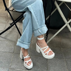 Futurecen  Summer Chunky Heels Cross Straps Sandals for Women Sexy Platform Open-Toe High Heels Korean Roman Shoes