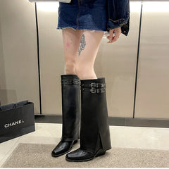 Futurecen Winter Women Cowboy Boots Fashion Slip On Belt Buckle Ladies Elegant Long Pipe Boots Casual Thick Heel Women's Boot