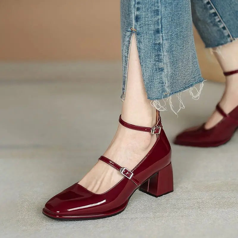 Futurecen Red Mary Jane Shoes Heels Women's Shoes Mary Jane 2024 Spring Summer New Thick-heeled High-heeled Retro Square Toe Pumps