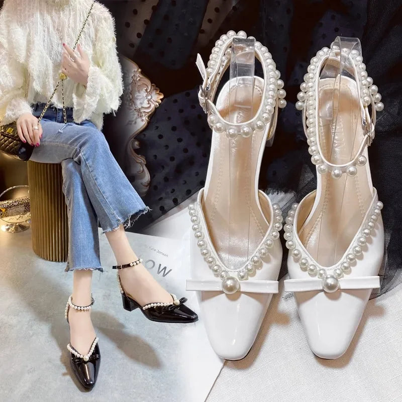 Futurecen  -  Women Shoes High Heels Sexy Pumps Wedding Bride Shoes Pearl Buckle Thick High-heeled Pointed Toe for Summer Ladies Sandals