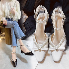 Futurecen  -  Women Shoes High Heels Sexy Pumps Wedding Bride Shoes Pearl Buckle Thick High-heeled Pointed Toe for Summer Ladies Sandals