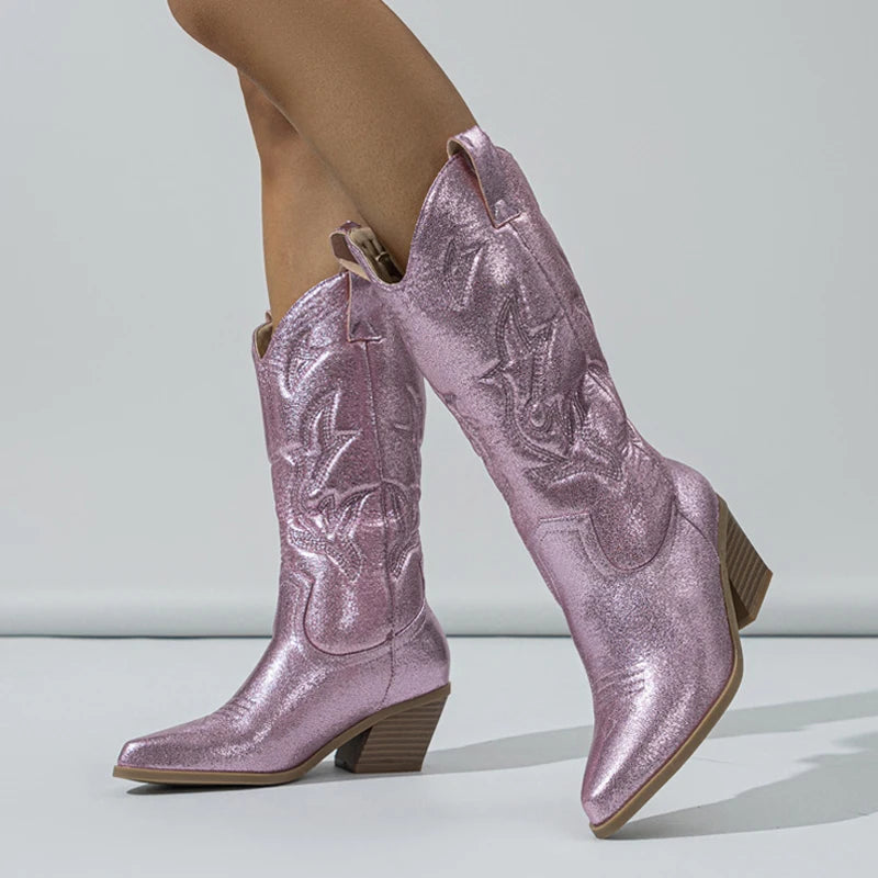 Futurecen  Fashion Embroidered Western Cowboy Boots For Women Leather Golden Silver Pointed Toe Low Hoof Heels Slip On Mid-Calf Shoes