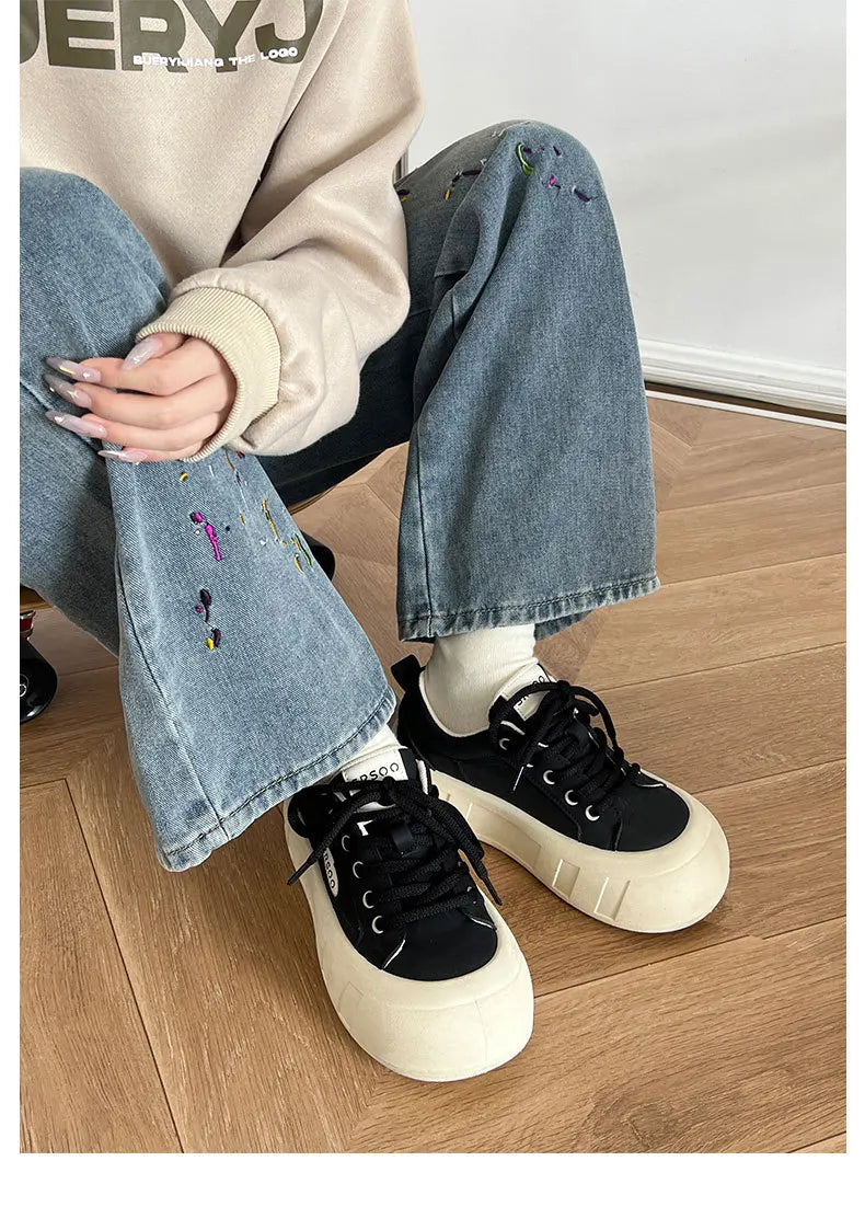 Futurecen Women Little White Shoes Advanced Versatile Thick Bottom Casual Sneakers  New Solid Color Lace-up Sports Board Shoes Women