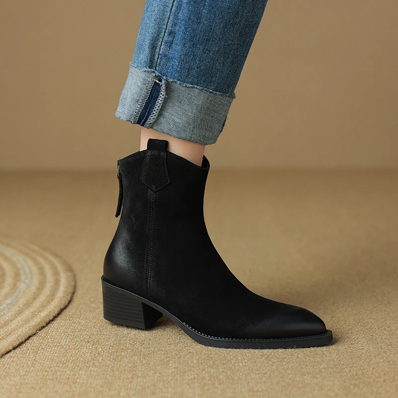 Fashion Short Boots Autumn Winter Basic Women Ankle Boots Genuine Leather Thick Heels Pointed Toe Mature New Arrival Boots Women